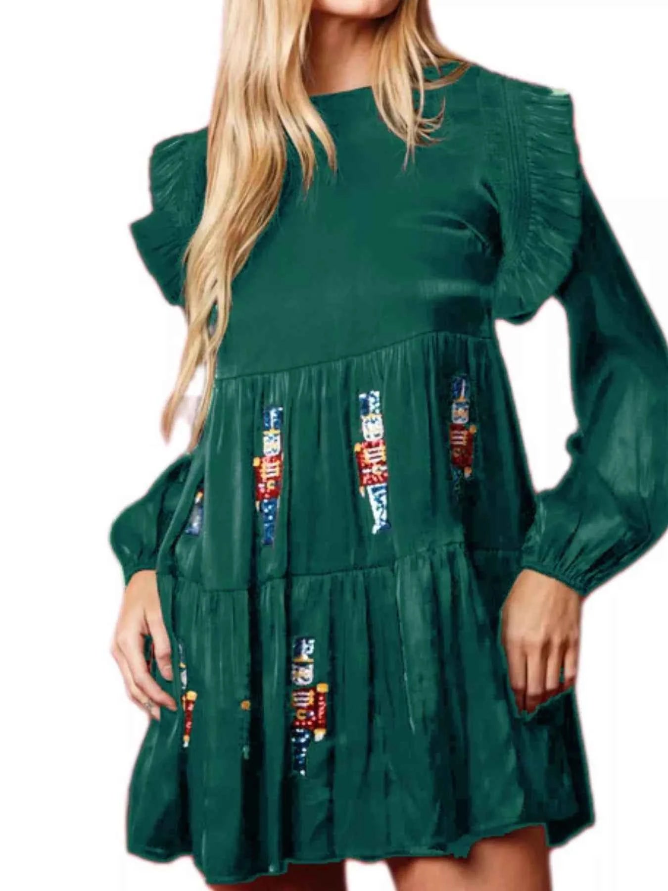 Christmas Ruffled Nutcracker Long Sleeve Dress Green a60e4d8d-e368-4936-8558-17b405d9afa3-Max-Origin