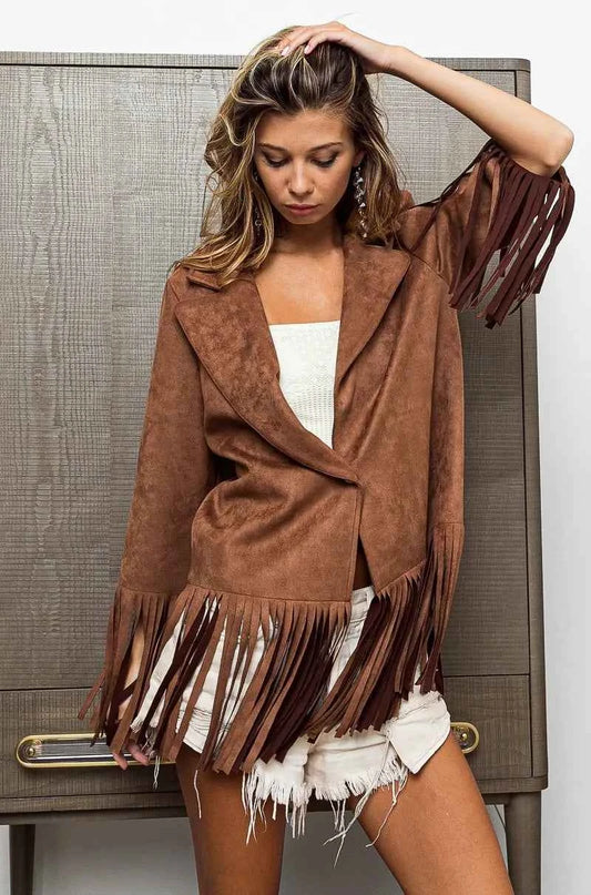 Suede Single Blazer with Fringed Hem a60f3314aaec49c29662c05a1008854d-Max-Origin