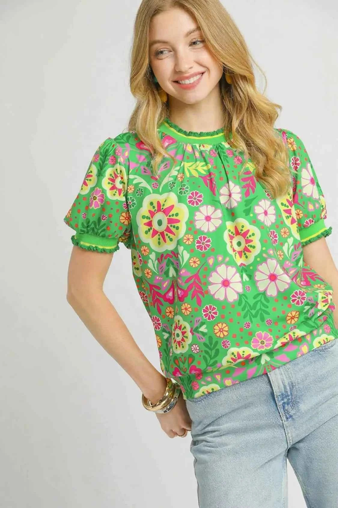 Umgee Retro Floral Puff Sleeve Top GREEN MIX a613e430-15c5-4385-998d-87fb6408519a-Max-Origin