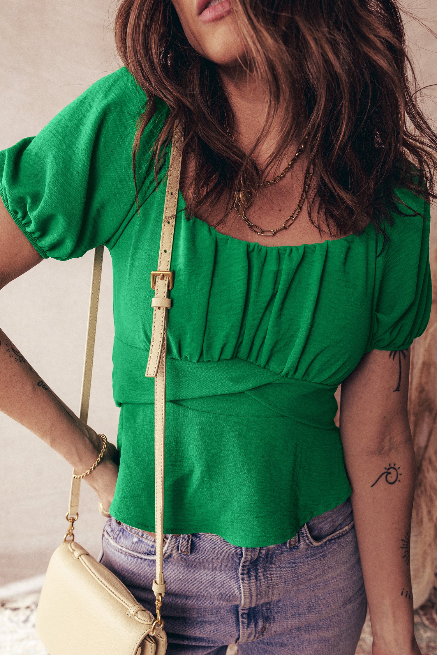 Dark Green Solid Color Ruched Crossed Waist Tied Back Short Sleeve Peplum Top a61894b8635b2d7c