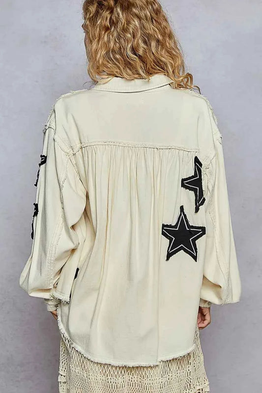 Star Patch Raw Hem Button Up Denim Jacket a619bc1a-35d2-441c-8854-f2fbf52a2edd-Max-Origin