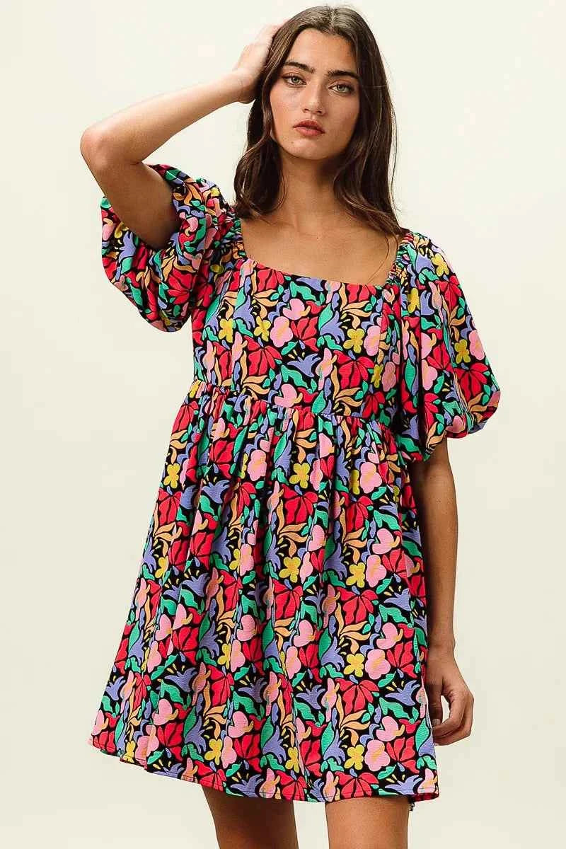 Floral Print Puff Square Neck Dress a620896933ac4c89a248858377331453-Max-Origin