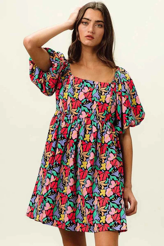 Floral Print Puff Square Neck Dress a620896933ac4c89a248858377331453-Max-Origin