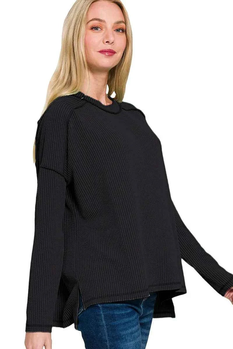 Full Size Exposed Seam Long Sleeve Corded Rib Knit Top Plus Size BLACK a621b27b-8e7e-4f0a-898c-c8eee525a709-Max-Origin