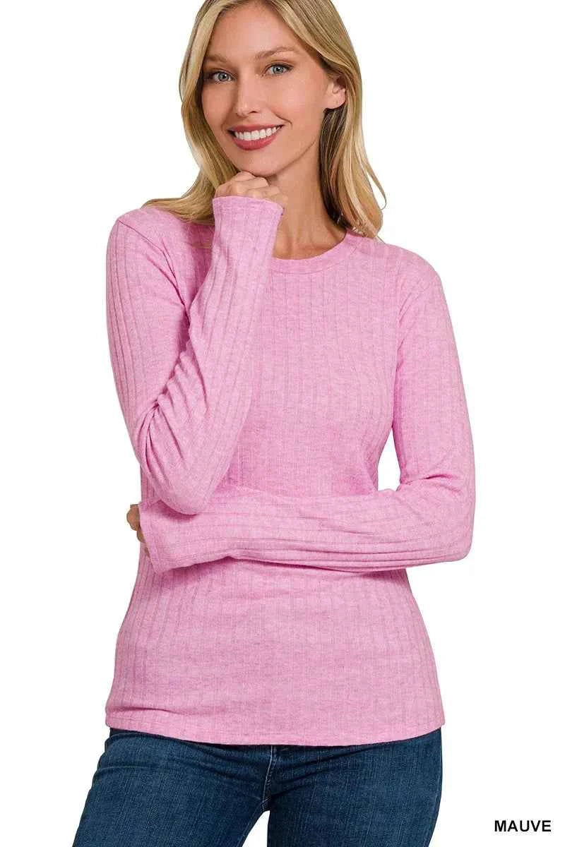 Ribbed Long Sleeve Round Neck T-Shirt MAUVE a62c0674911f47d4ba3254e155770766-Max-Origin