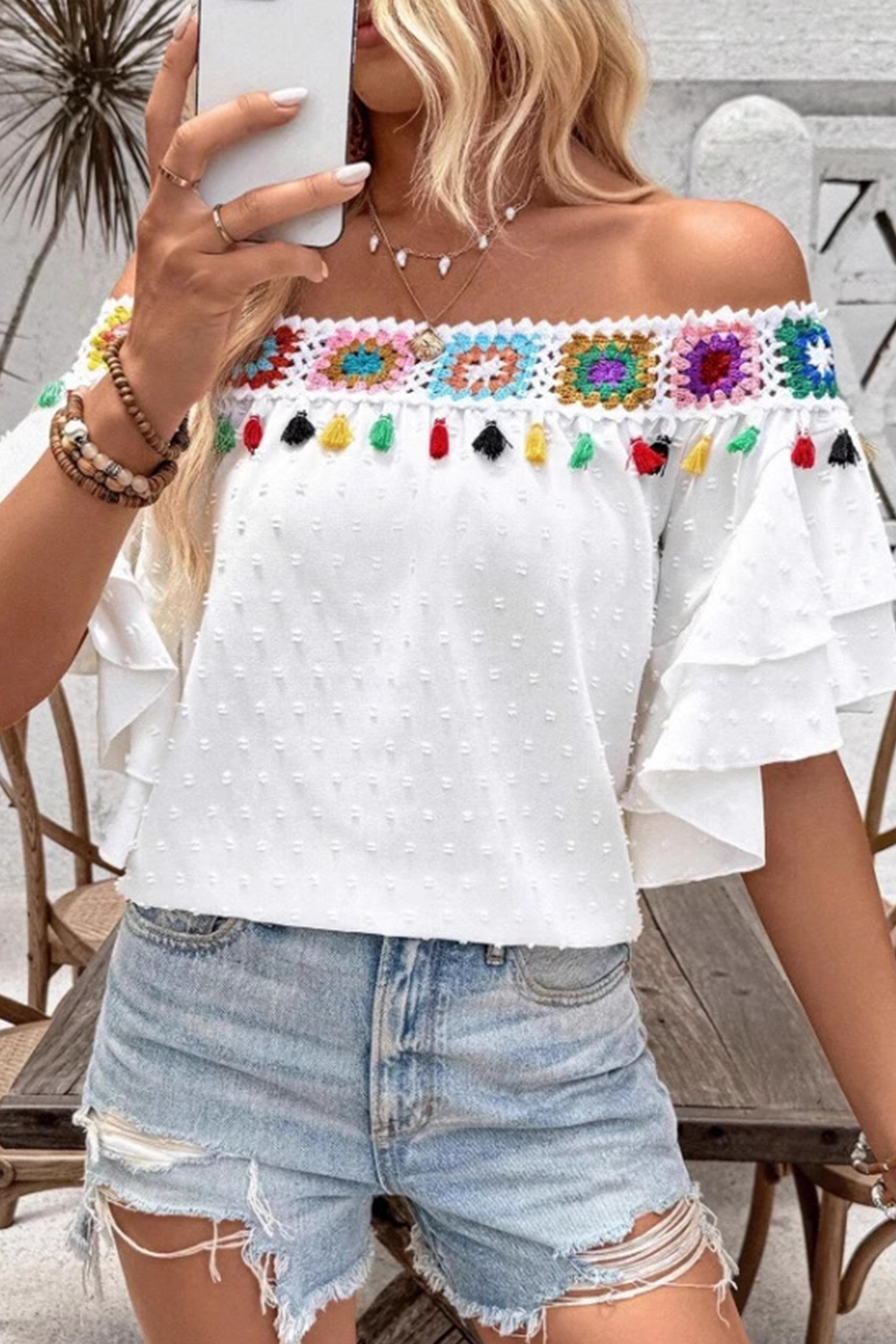 White Tassel Crochet Floral Off Shoulder Ruffle Sleeve Top White a62f29bec1bb0f12