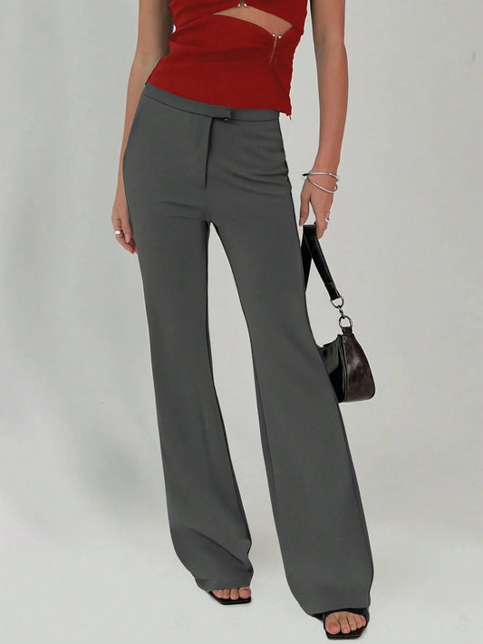 High Waist Flare Leg Trousers Dark Gray