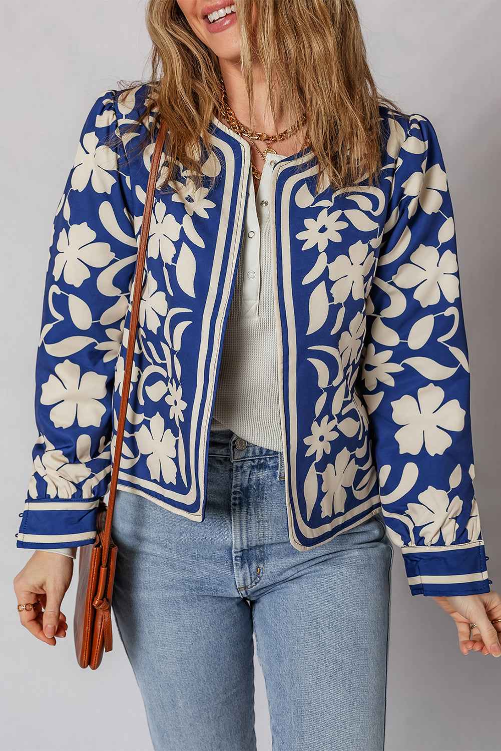 Blue Flower Print Open Front Buttoned Cuffs Jacket a6335eae6738aecd