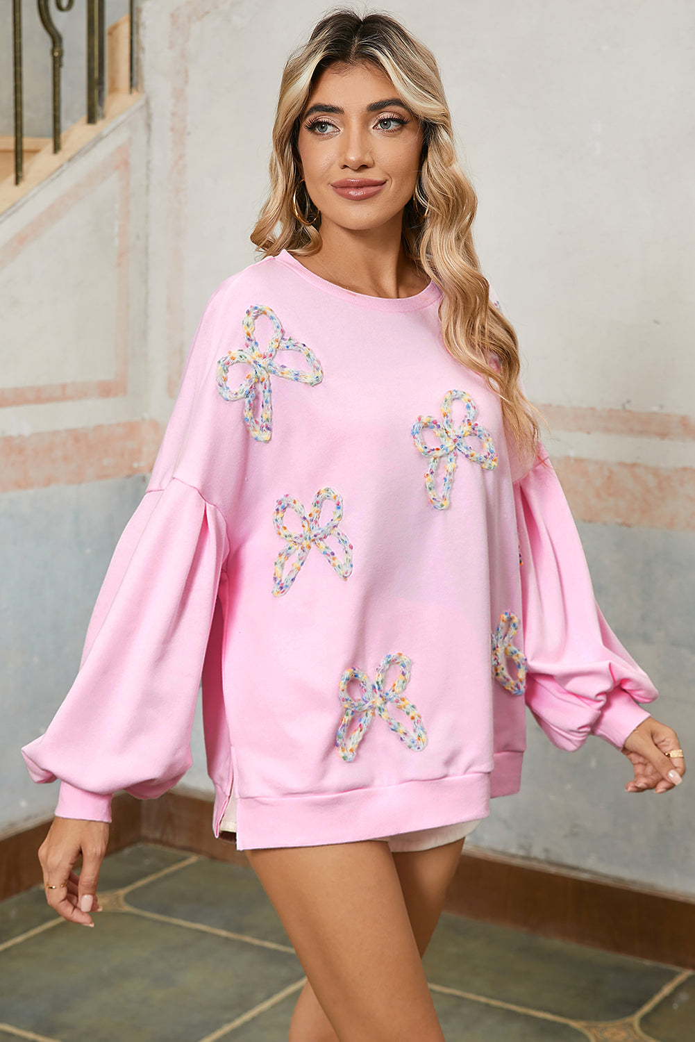 Light Pink Sweet Bow Lantern Sleeve Oversized Pullover Sweatshirt a635775068950030