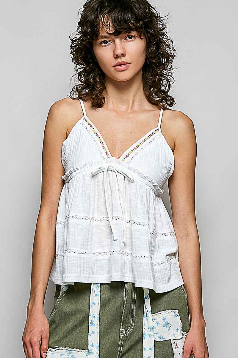POL V-Neck Embroidered Trim Ruffled Cami OFF WHITE a63703d5-705d-4542-a174-5172196a658b-Max