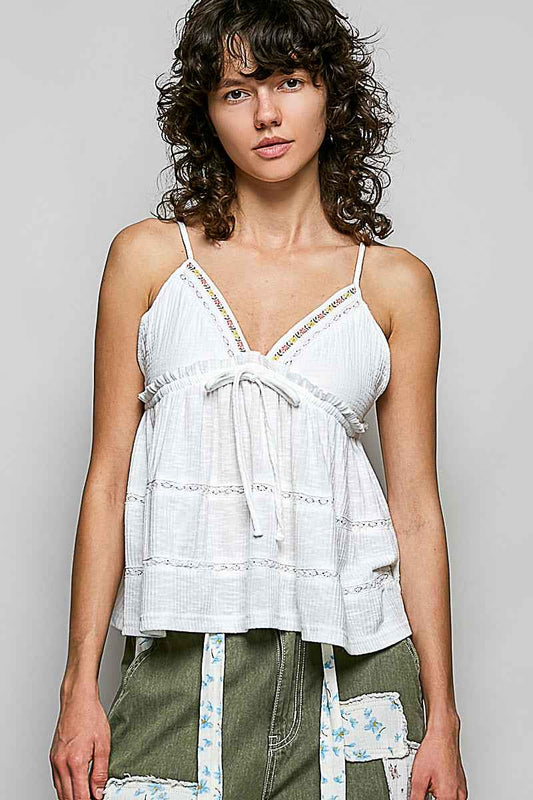 POL V-Neck Embroidered Trim Ruffled Cami OFF WHITE a63703d5-705d-4542-a174-5172196a658b-Max