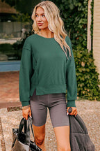 Evergreen Solid Color Raw Seam Patchwork Ribbed Drop Shoulder Sweatshirt a63719ffe9ba1589