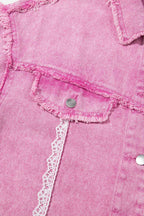 Pink Lace Patchwork Distressed Buttoned Denim Jacket a63864f16e4025f8