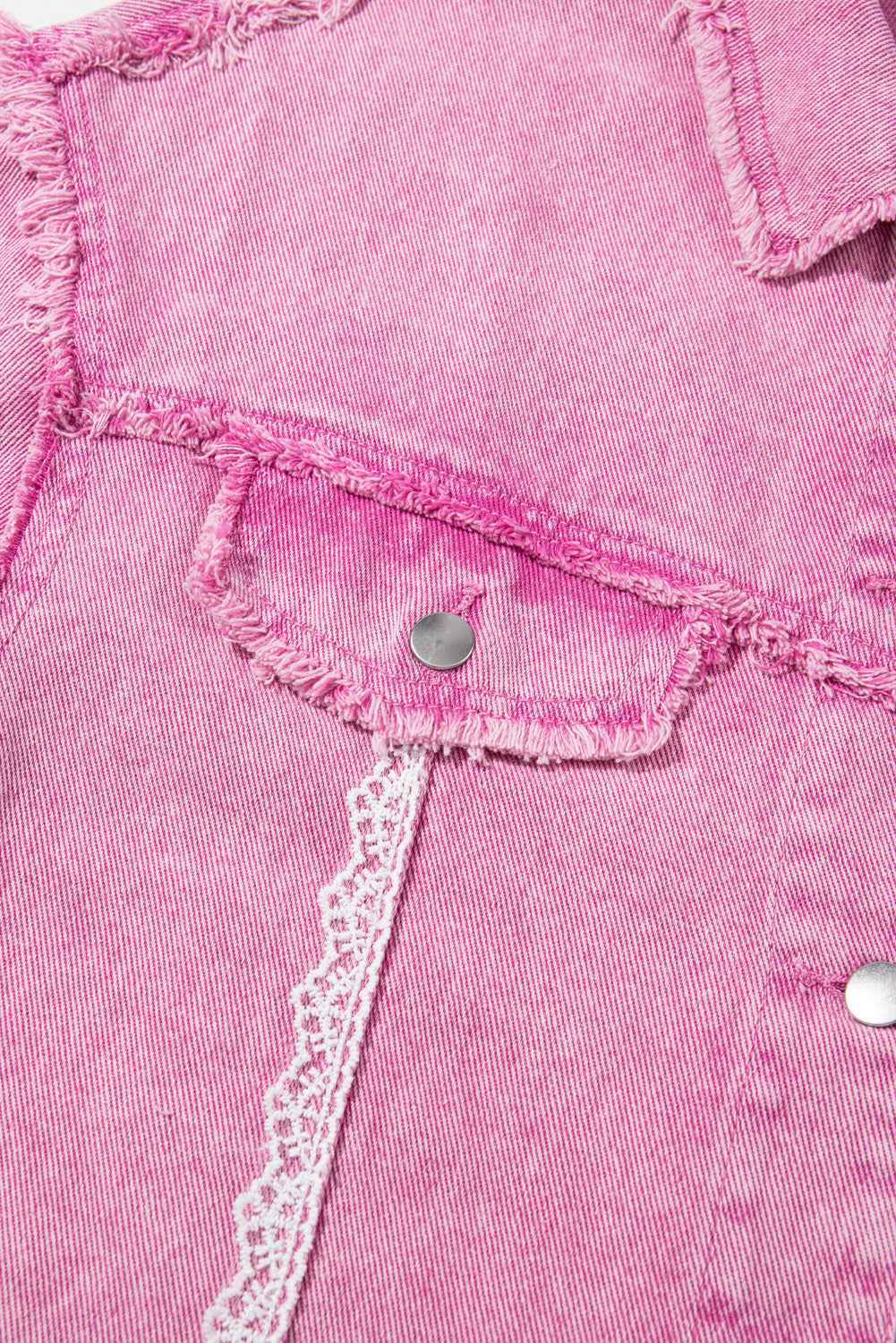 Pink Lace Patchwork Distressed Buttoned Denim Jacket a63864f16e4025f8