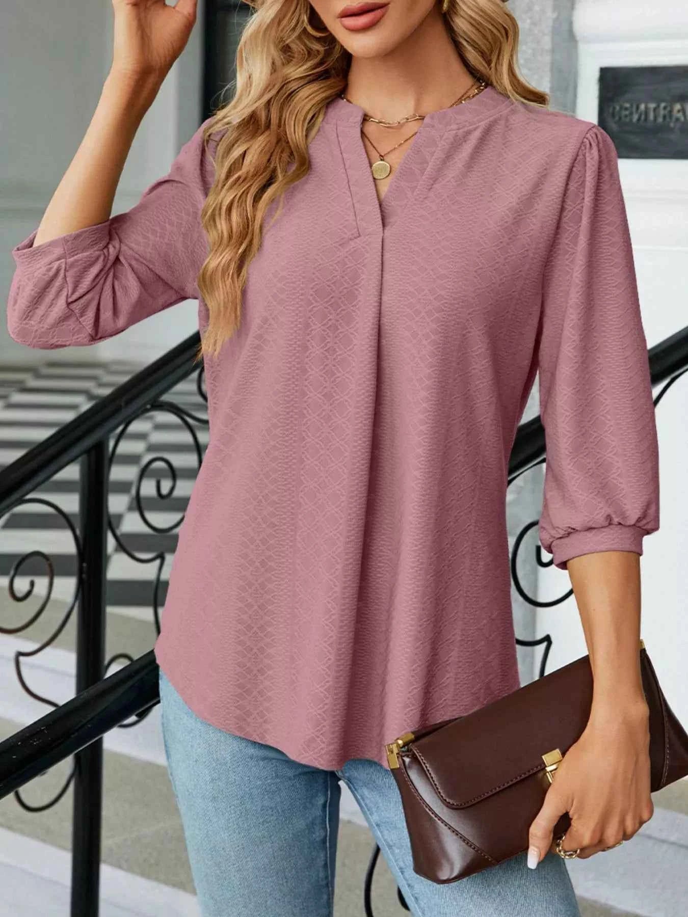 Notched 3/4 Sleeve Casual Top Moonlit Mauve a6396520-6b90-40a5-ae94-0099cb4ed333-Max-Origin