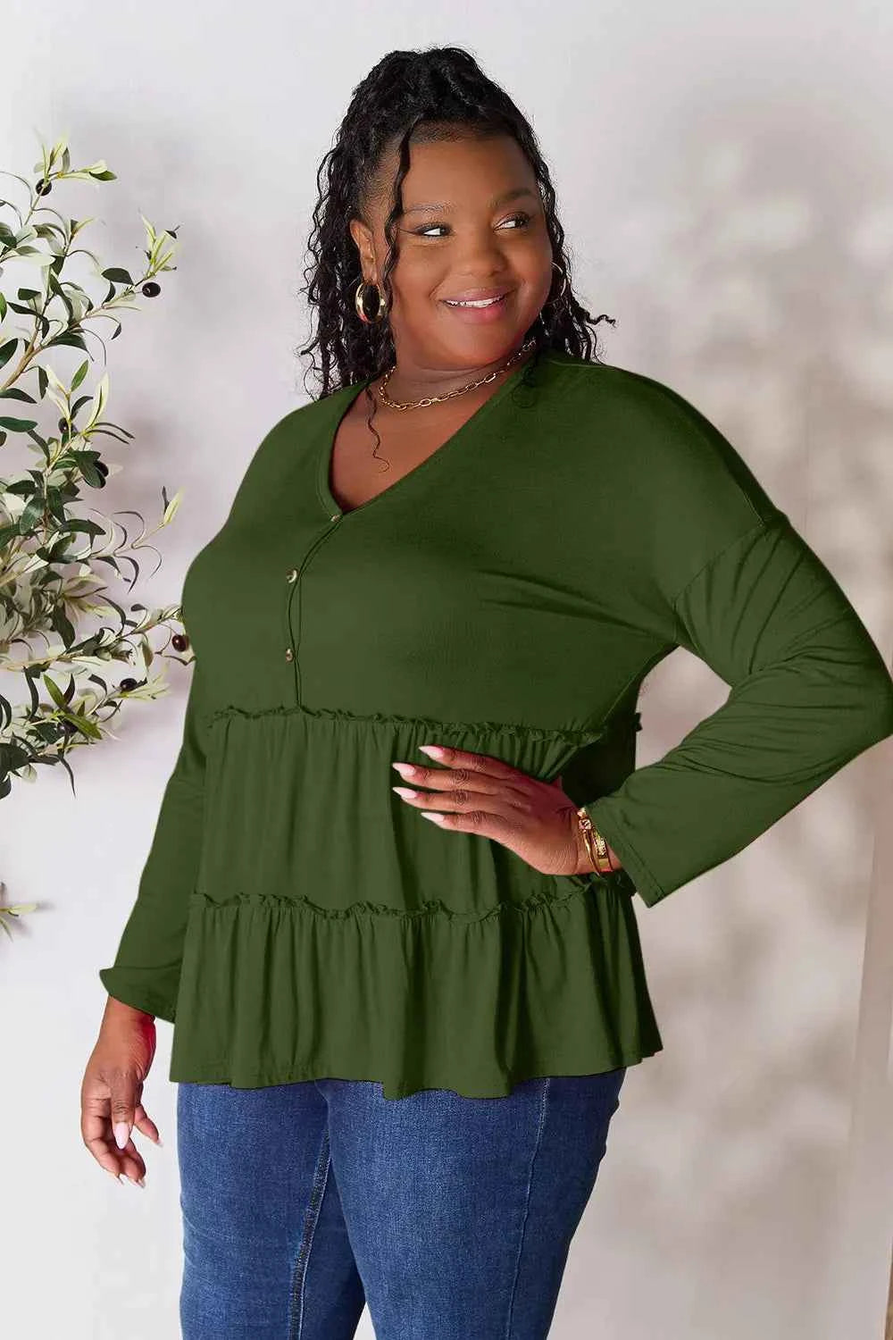 Double Take Half Button Long Sleeve Ruffle Hem Blouse a63bcafa5df145699995490985418041-Max