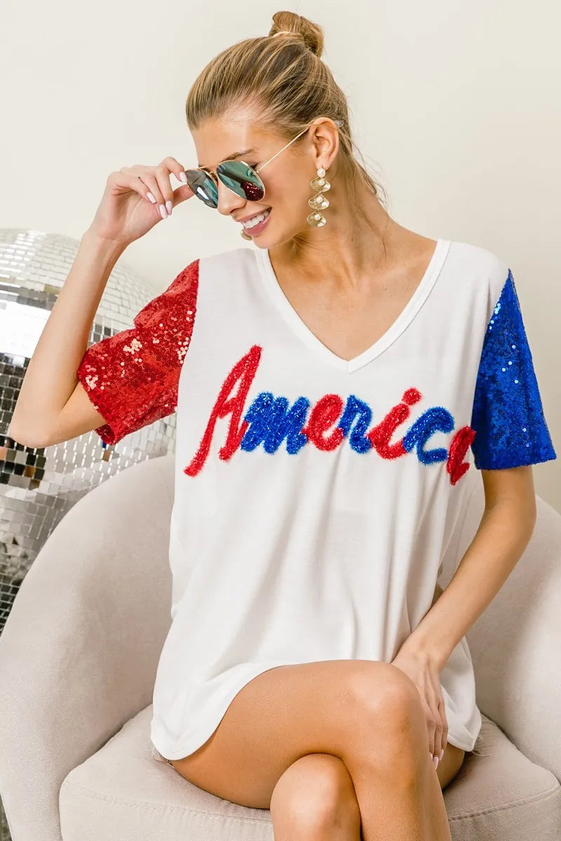 BiBi Metallic Letter V-neck Sequin Sleeves Top a63bd6837ac7450188c8cca487f18243-Max-Origin