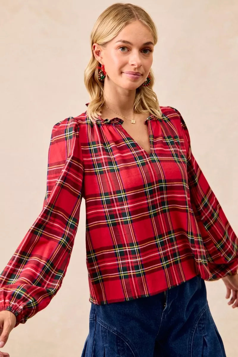 BiBi Christmas Plaid Balloon Sleeves Ruffled V-Neck Top a641fbe6d7254beb8cdf2361d7260c62-Max-Origin