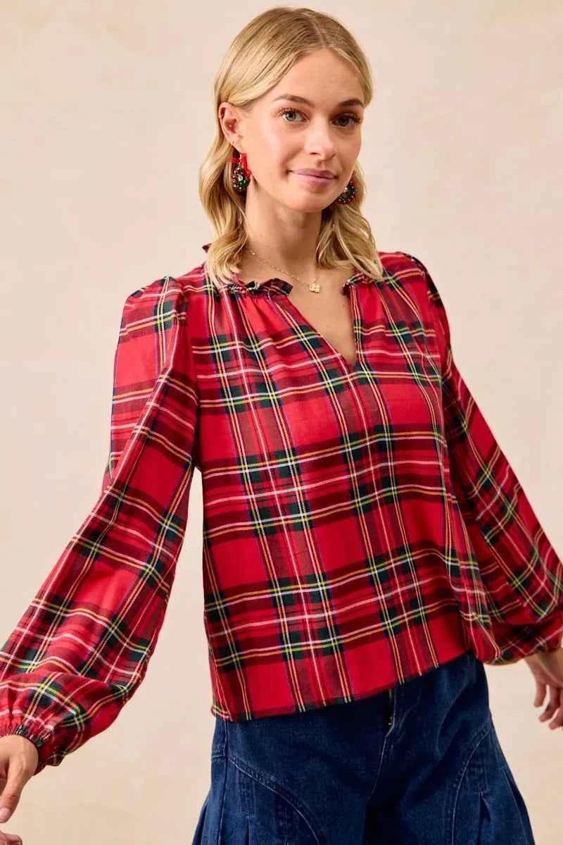 Christmas Plaid Balloon Sleeves Ruffled V-Neck Top a641fbe6d7254beb8cdf2361d7260c62-Max-Origin