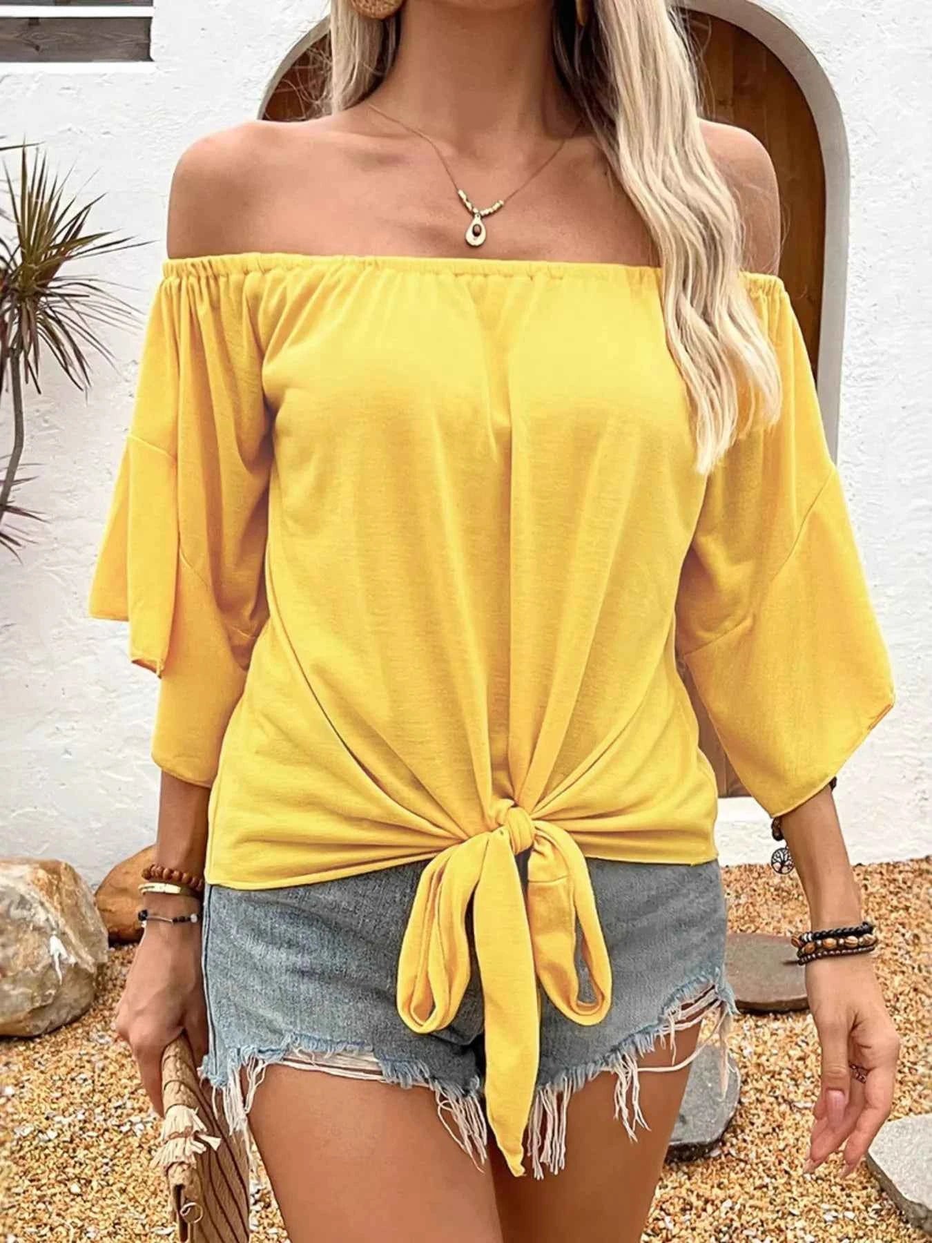 Off-Shoulder Tie-Front T-Shirt a64533834913433697d722ba7d263a83-Max-Origin