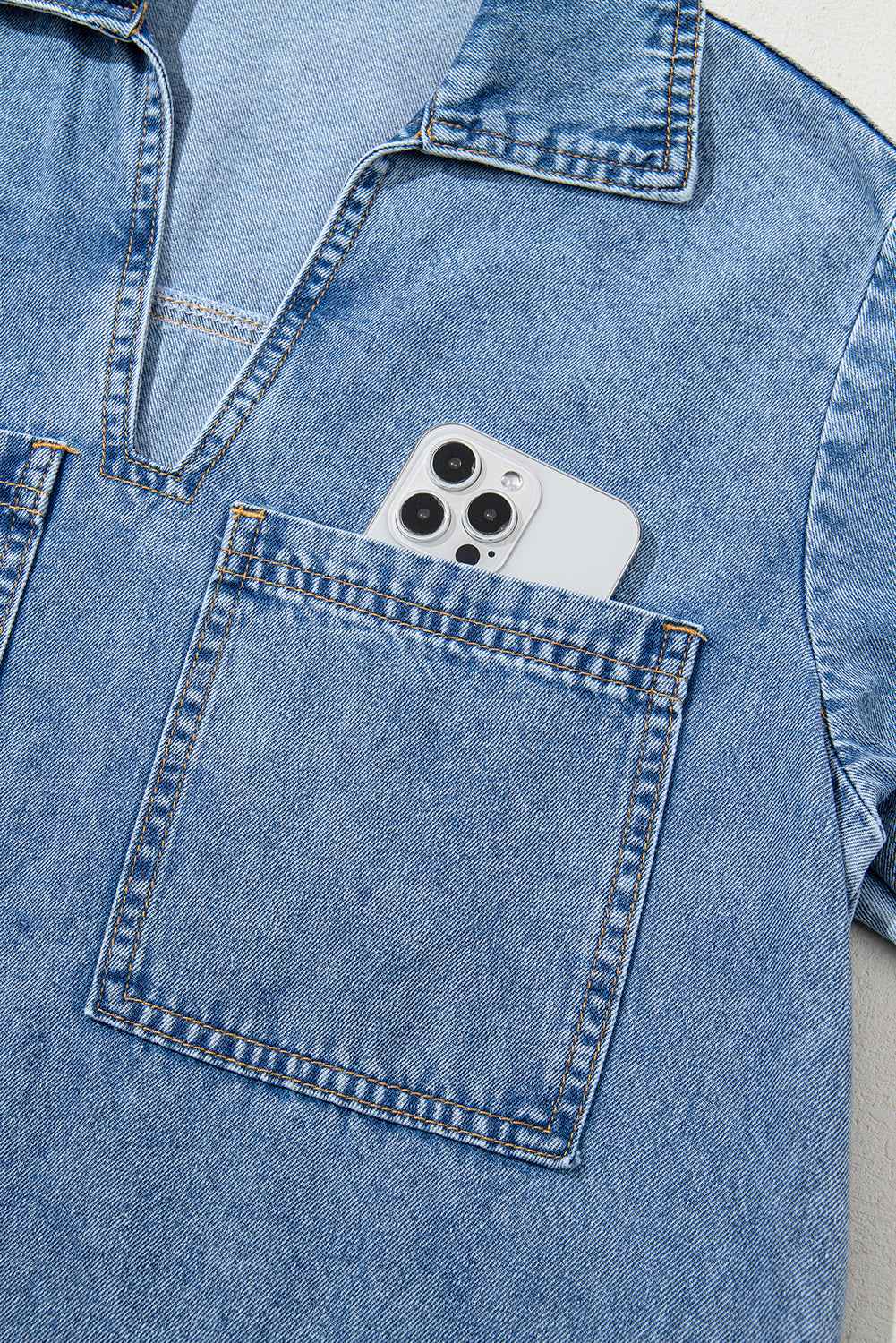 Blue Short Sleeve Collared Chest Pocket Denim Mini Dress a6481899675556ea