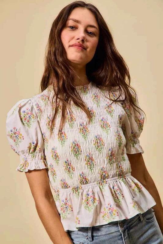 SO ME Floral Cotton Smocked Short Sleeves Blouse IVORY a652389b89cd4464b02c9bac6cc6b890-Max-Origin
