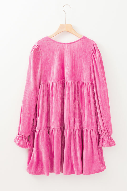 Strawberry Pink Flounce Sleeve Tiered Ruffled Velvet Mini Dress a65cd309068523a0