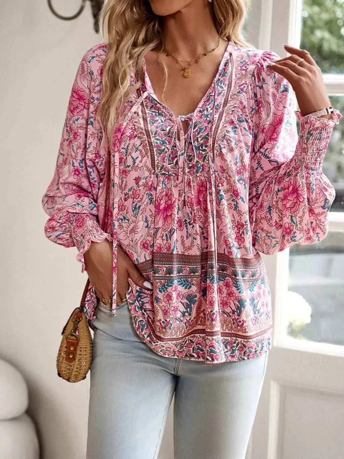 Floral Print Tie Neck Bohemian Blouse a664074e-f9ec-40dd-9ce0-2e7b07d2d34d-Max-Origin