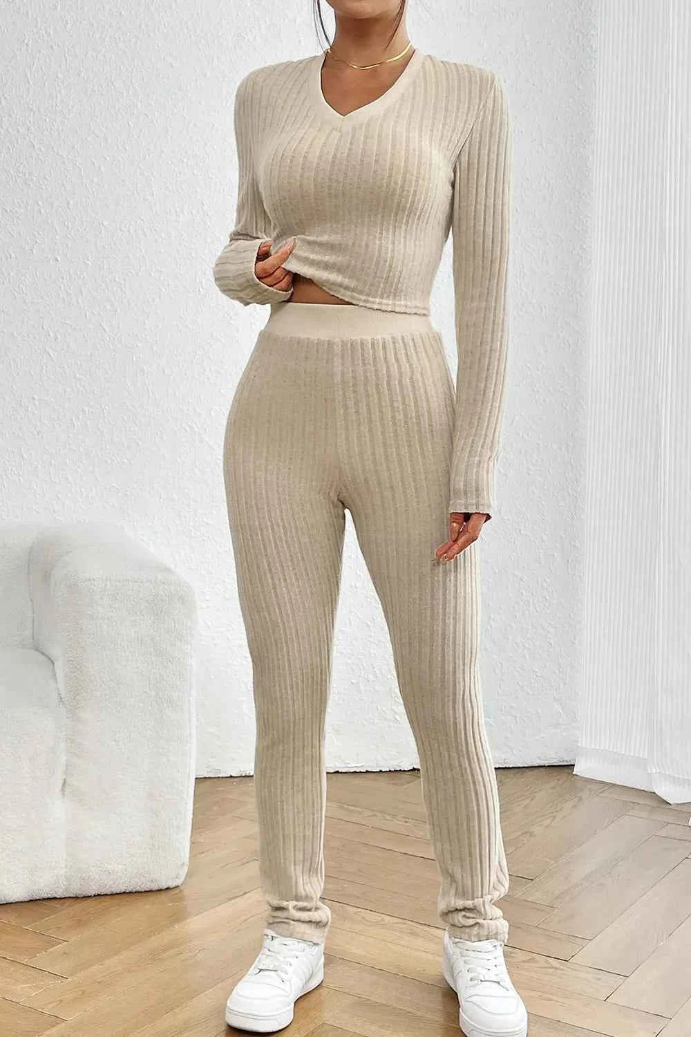 Ribbed V-Neck Long Sleeve Cropped Top and Pants Set a6664804-9c75-4fe4-b59d-ad56a87fbb17-Max