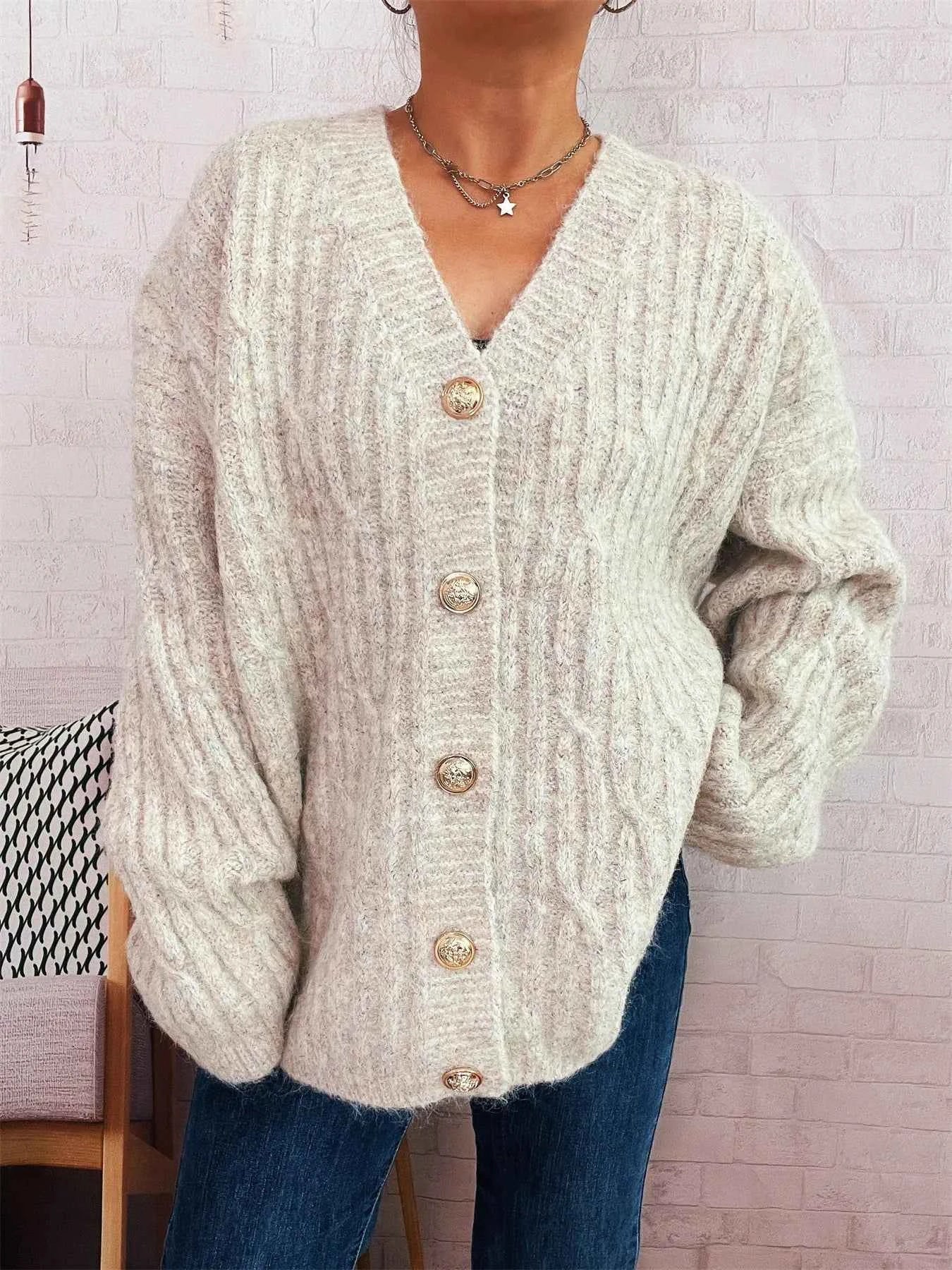 Cable Knit Button-Up Cardigan Apricot One Size a66a5b92e57a4af09d3c7e2aea6fa25d-Max-Origin