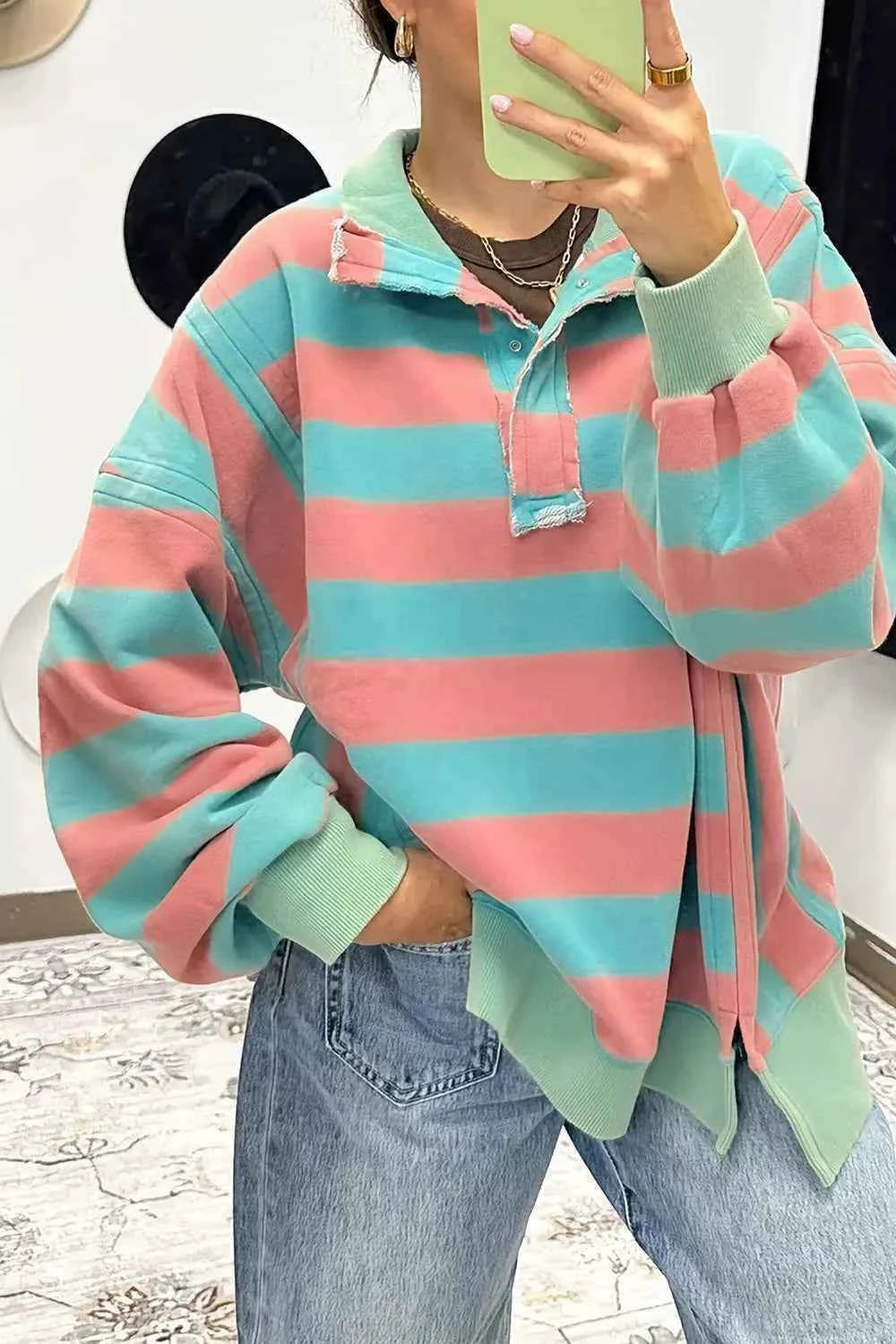 Stripe Colorblock Drop Shoulder Buttoned Collar Side Slit Top a670513a-4397-4a3c-ab15-f01fbc993ffe-Max-Origin