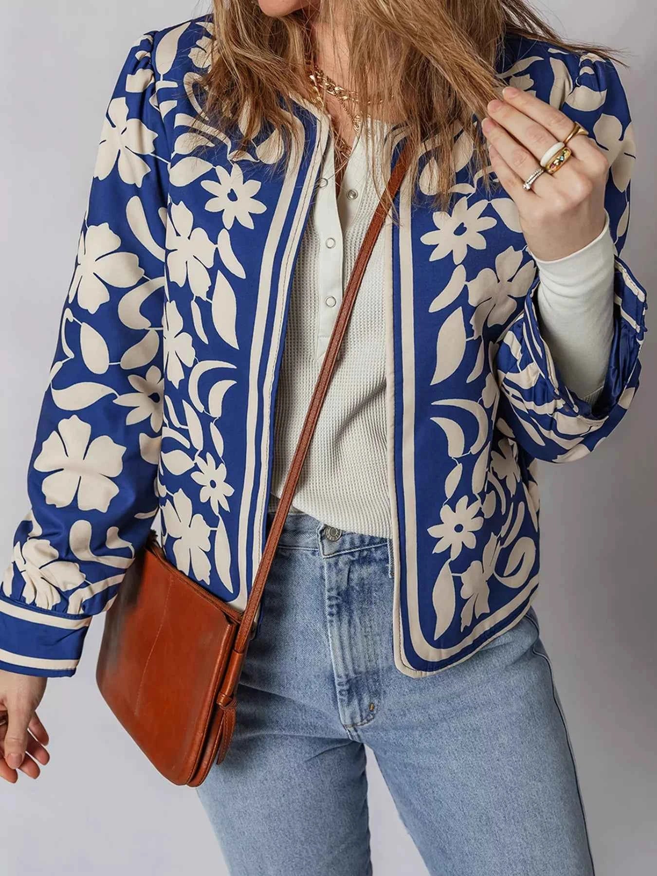 Flower Print Open Front Buttoned Cuffs Elegant Jacket a672f6de043540978eeb05421cd5c1b7-Max-Origin
