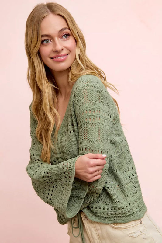 Pointelle Knit V Neck Ruched Front Lightweight Top a673291c-225c-42af-a30f-f9917c7d735e-Max-Origin