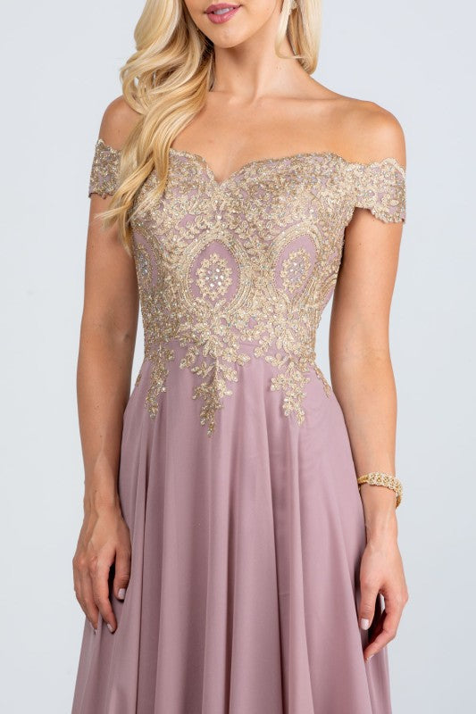 Off Shoulder Evening Gown – Gold Lace Appliqué Chiffon Dress for Women Blush a673e6f9-0a3f-442f-886f-0787230c6bb7