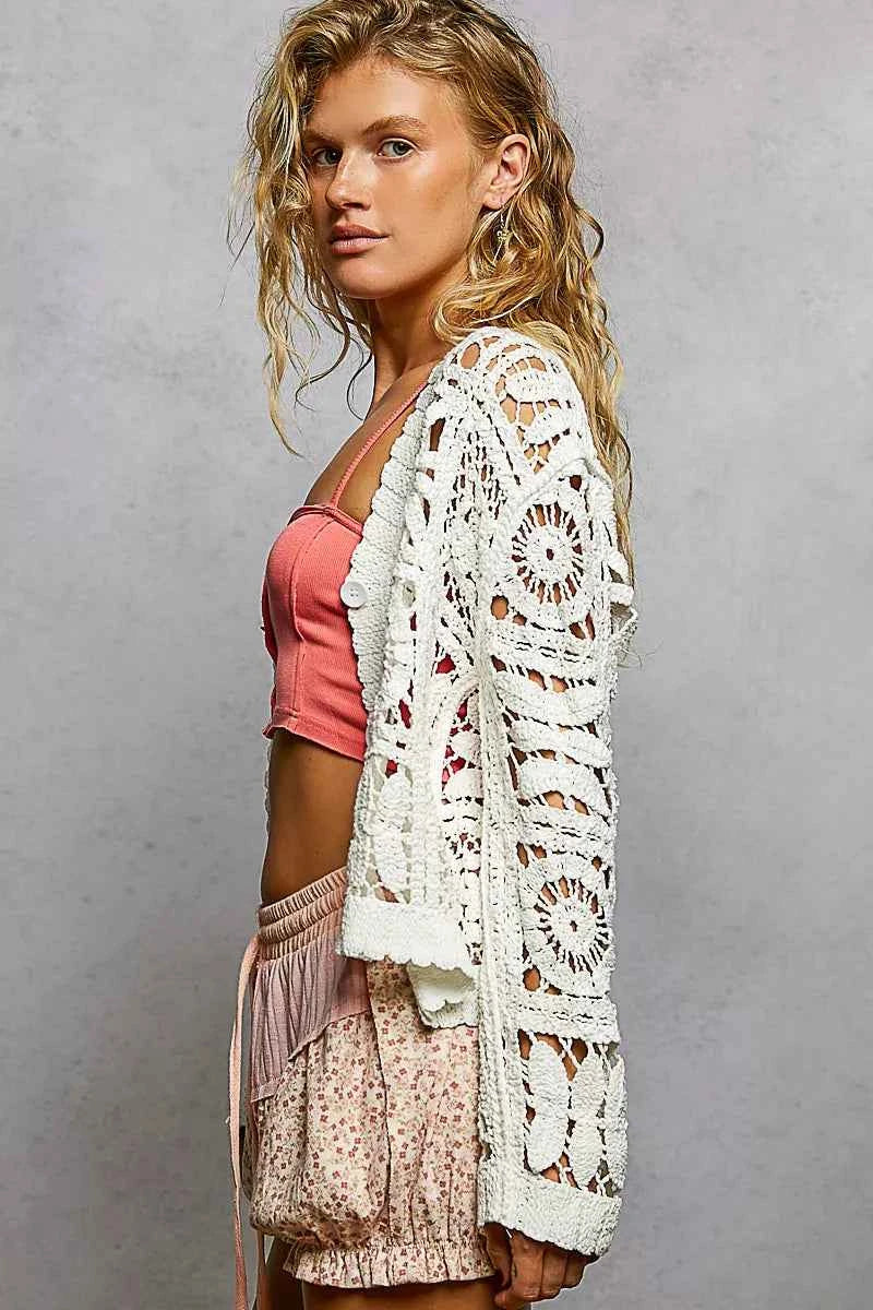 POL Button Down V-Neck Long Sleeve Cropped Crochet Cardigan a6754d91-47b1-469b-963e-4bfc1ae90df0-Max-Origin