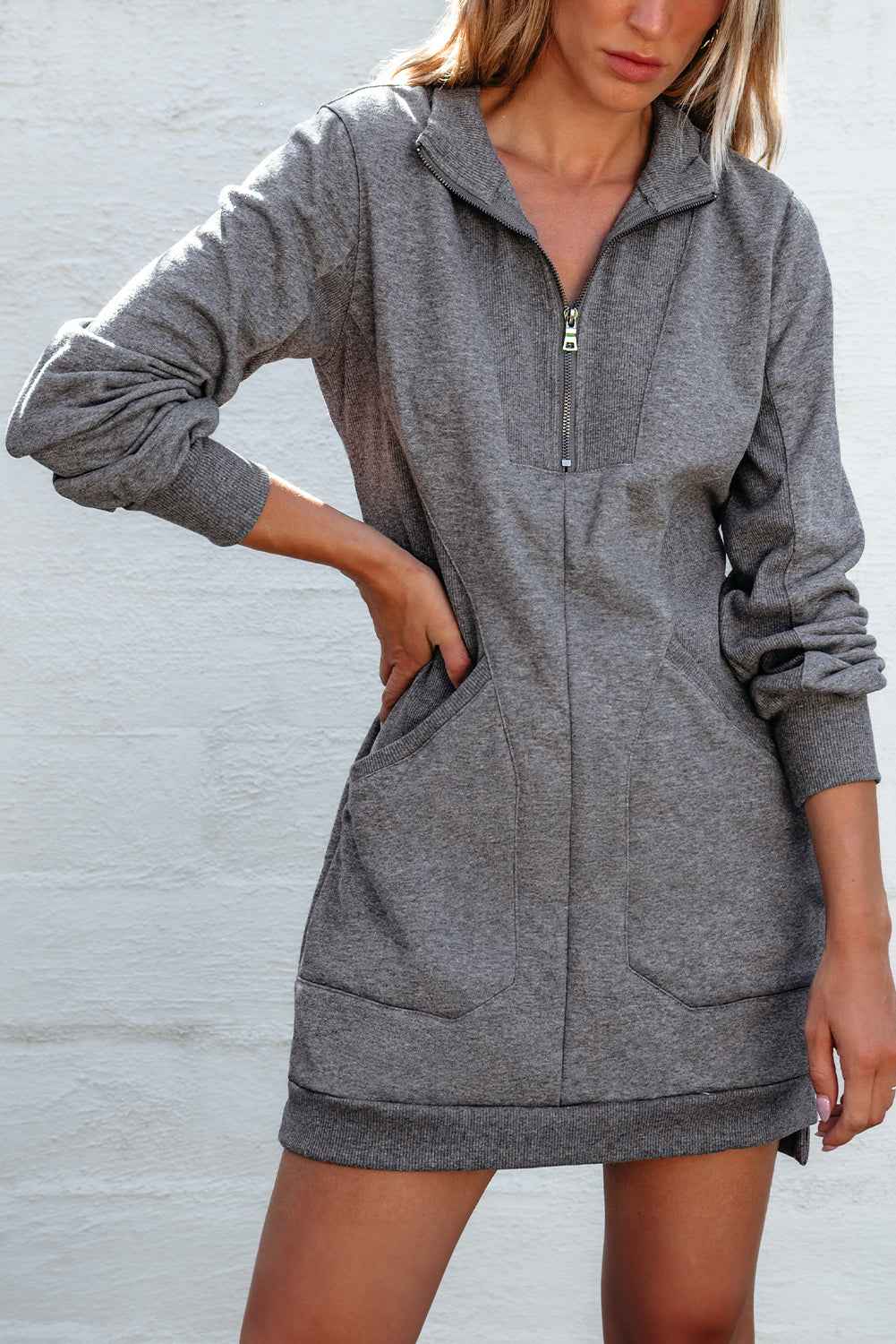 Ivy Zip up Collared Ribbed Patchwork Sweatshirt Dress with Pockets a6761cc621398fc4