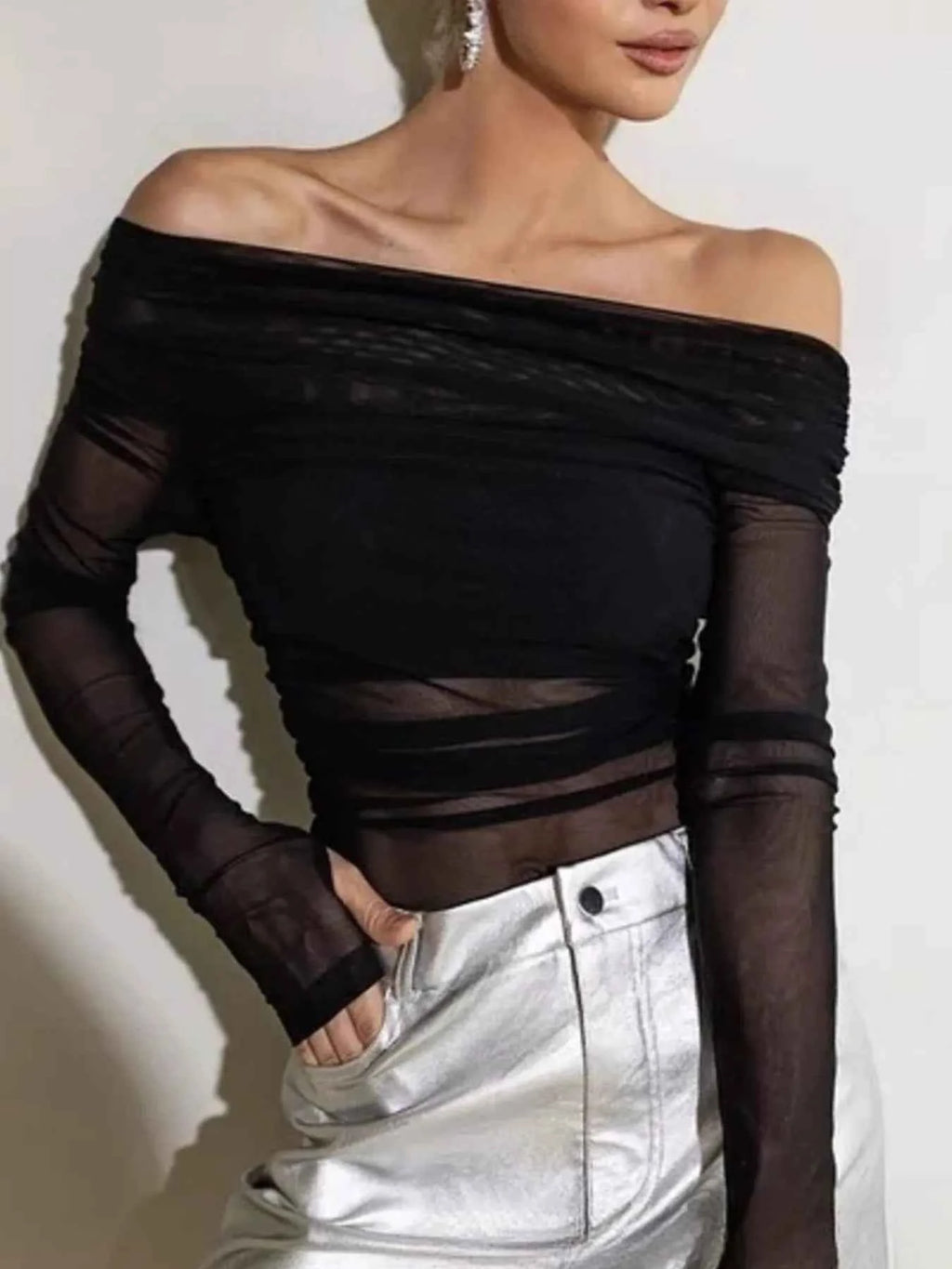 Off-Shoulder Long Sleeve Mesh Bodysuit a67b03a3-8c67-49ea-b37f-a9250578dc26-Max-Origin