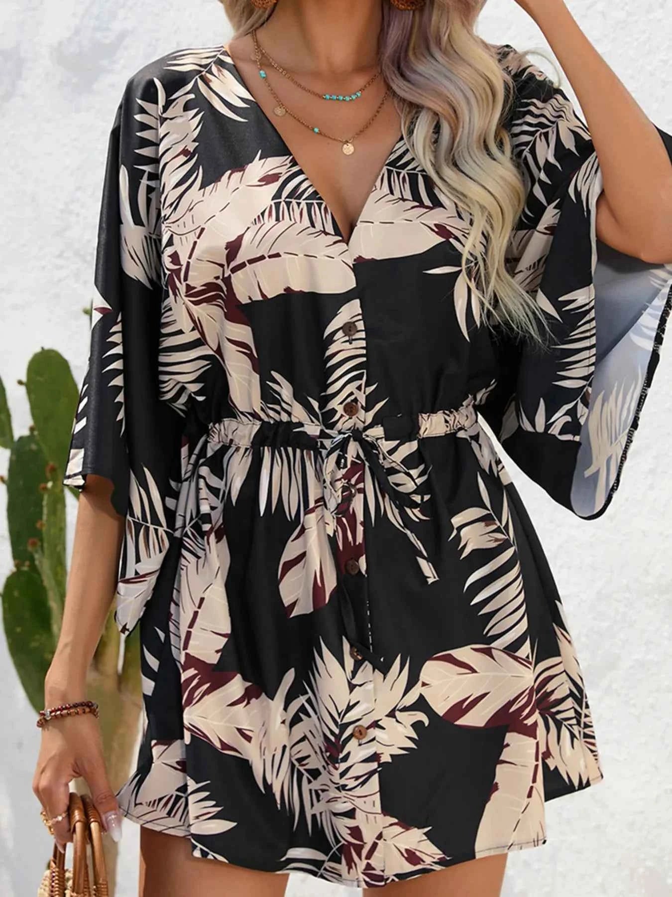 Color Block Drawstring Waist Button Up Dress Black a67fa008dfc34c00b25d4bd4fa8b973b-Max-Origin