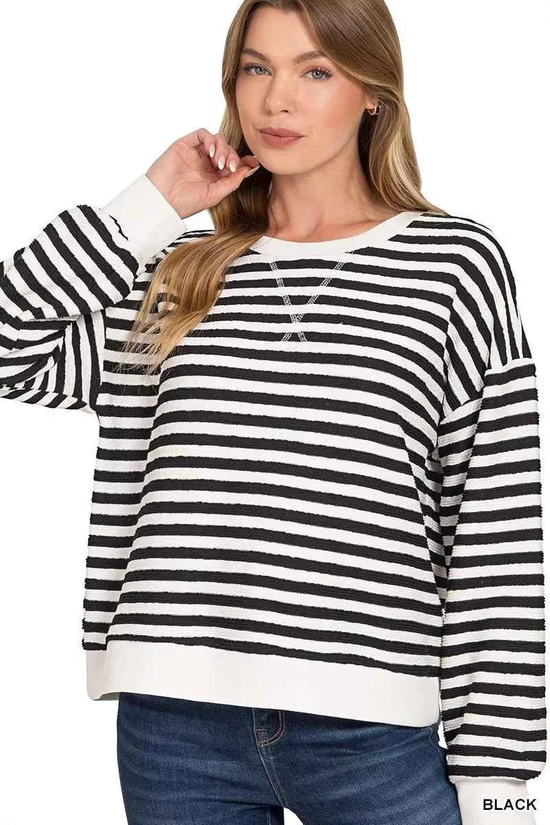 Zenana Striped Round Neck Sweatshirt BLACK a68292f7a3414778a80c2c17216b3cf0-Max-Origin