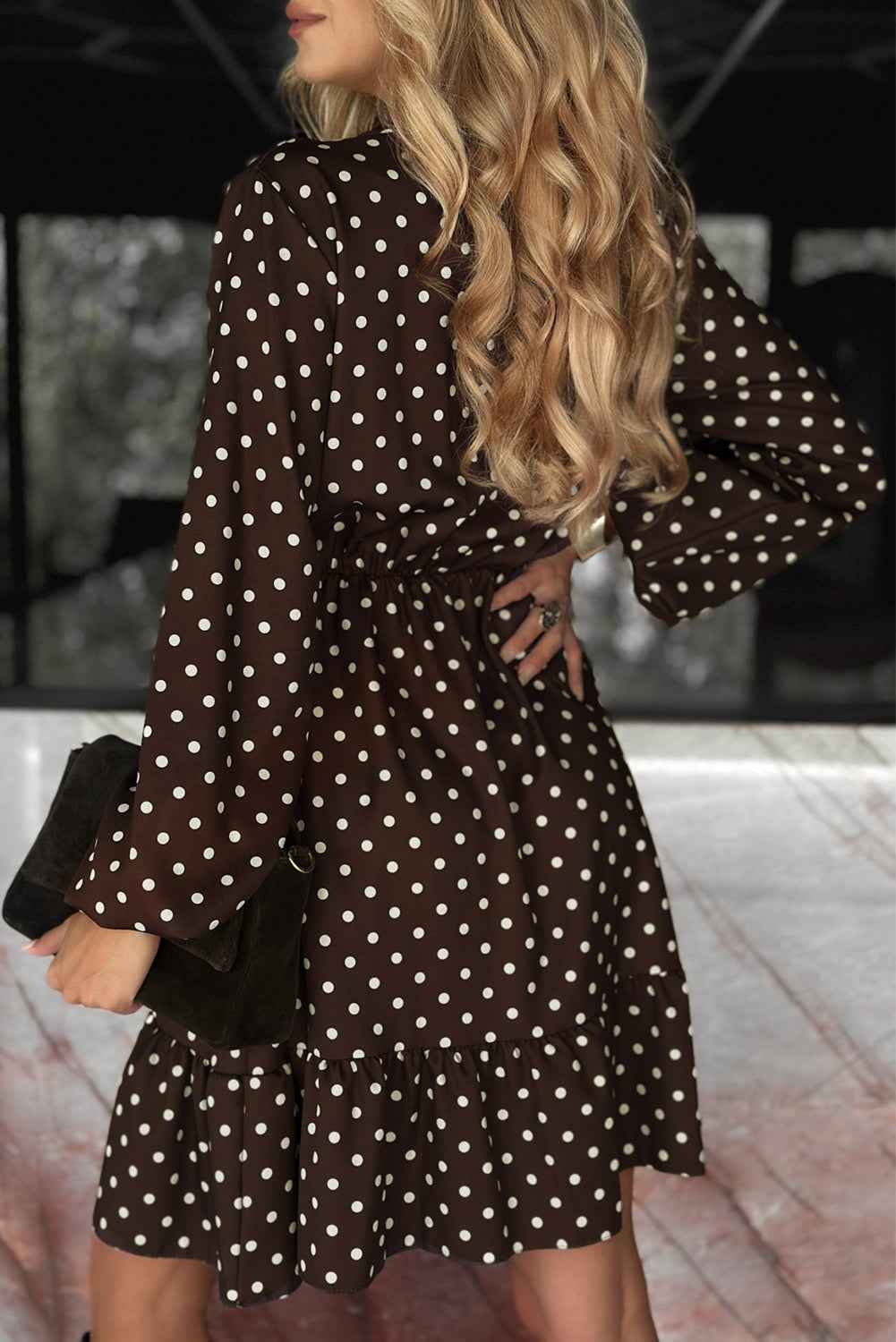 Chicory Coffee Polka Dot Long Sleeve Wrap V Neck Ruffle Hem Mini Dress a68413abc30eba3d