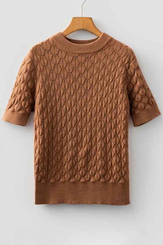 Fish Scale Textured Knit Short Sleeve Sweater a684fe0d-b56d-440e-b70d-106b0431c479