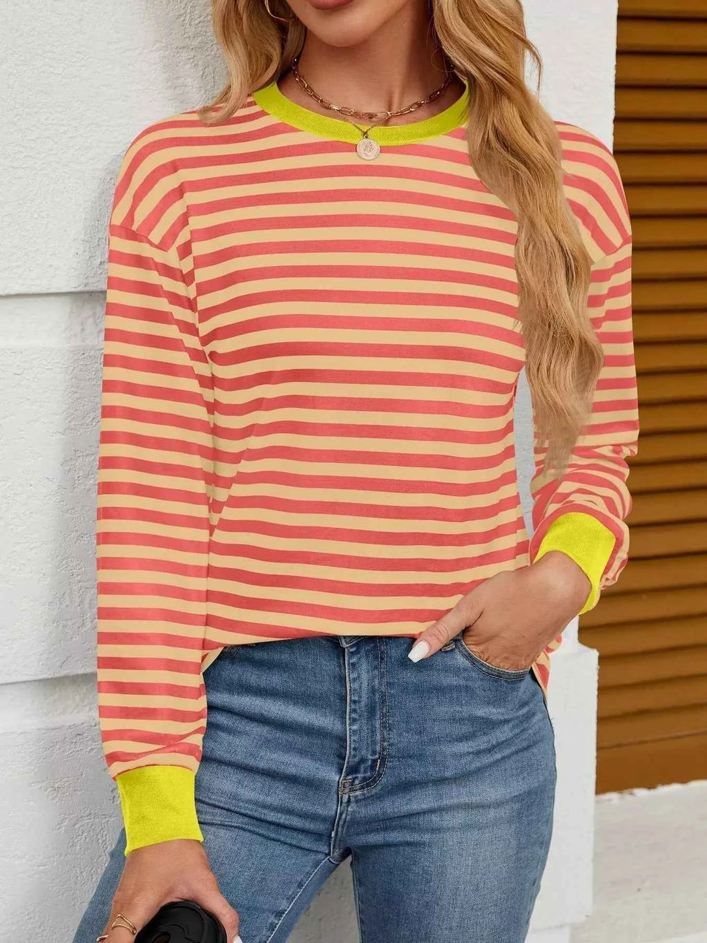 Striped Round Neck Long Sleeve T-Shirt a685217a889b46b6881d6c8c0bc29f1e-Max-Origin
