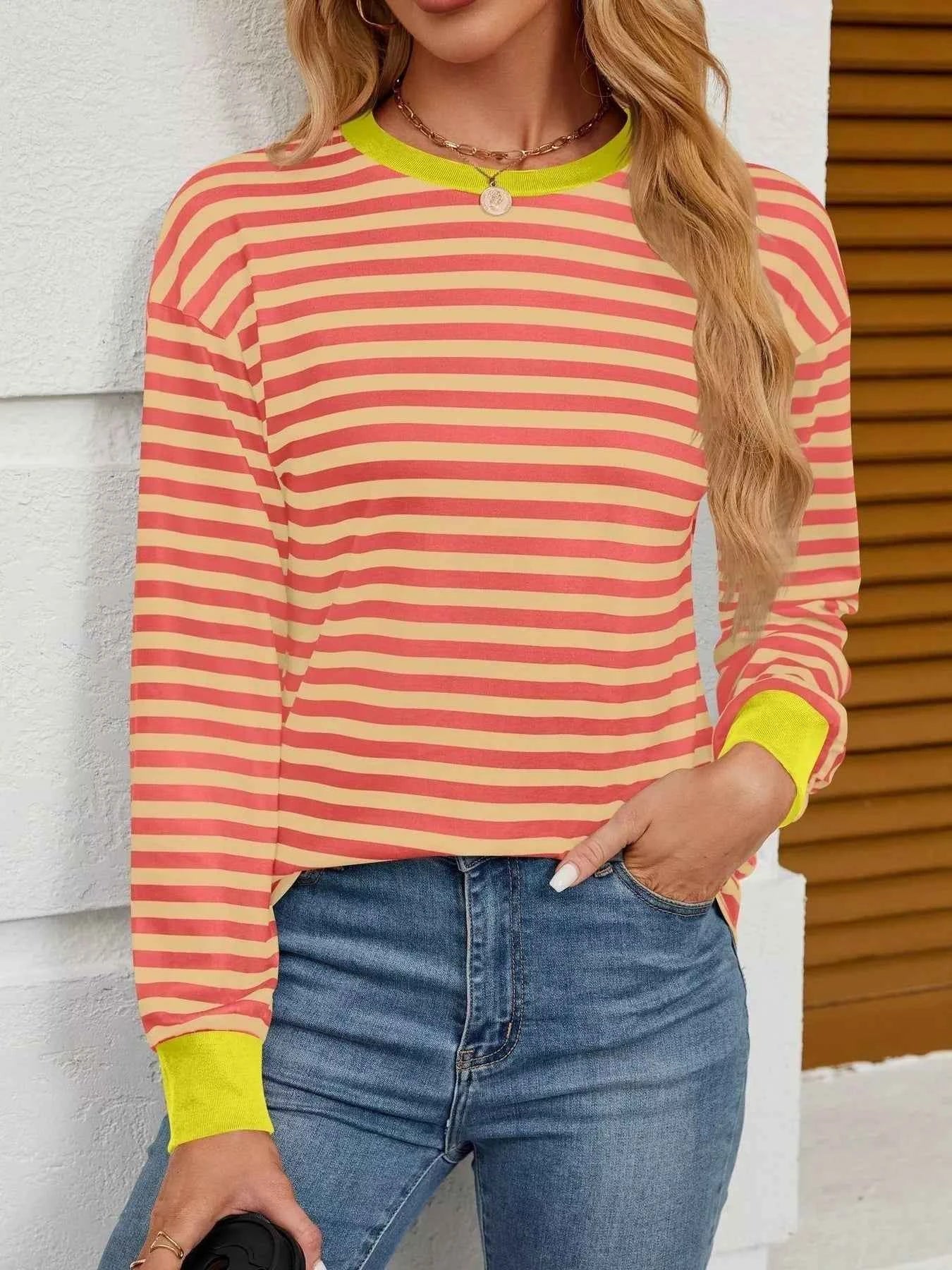 Striped Round Neck Long Sleeve T-Shirt a685217a889b46b6881d6c8c0bc29f1e-Max-Origin