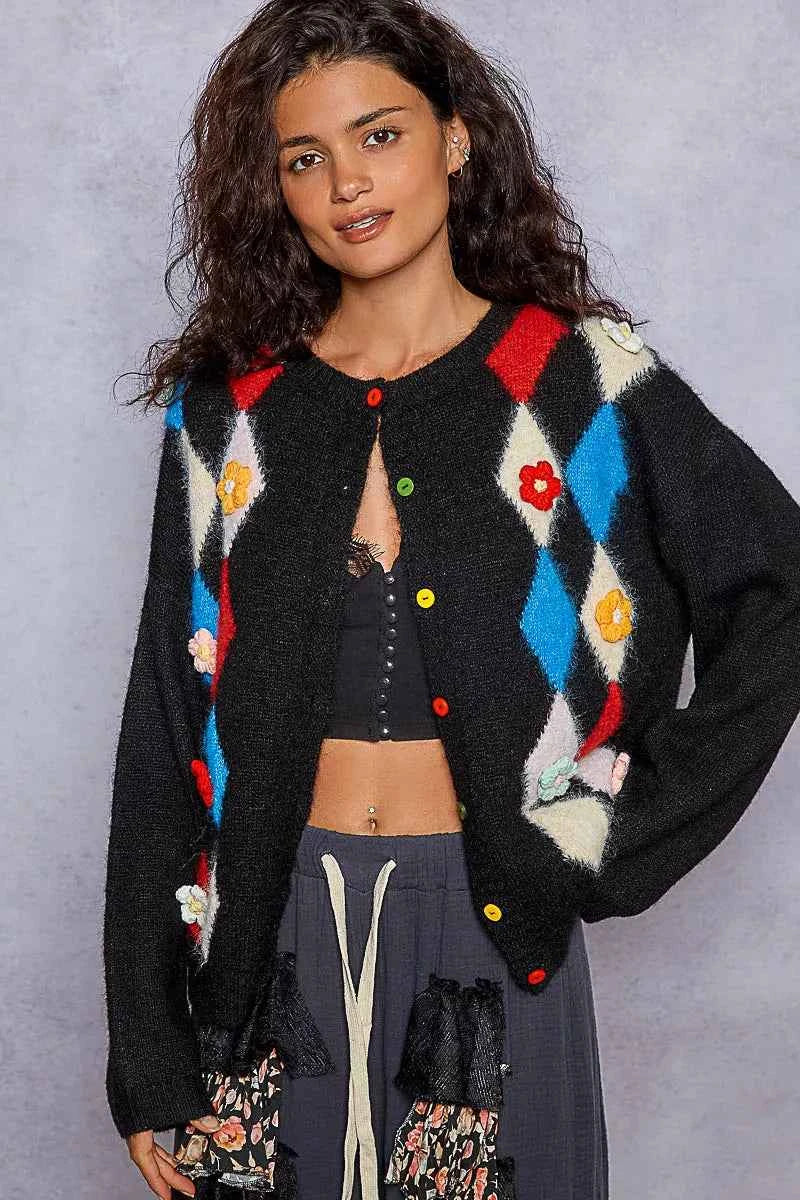 POL Button Down Diamond Pattern Round Neck Cardigan Black a686a2b6-c906-449b-8783-dce76fe45cd1-Max-Origin