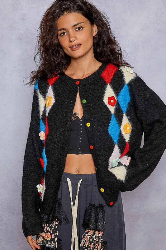 POL Button Down Diamond Pattern Round Neck Cardigan Black a686a2b6-c906-449b-8783-dce76fe45cd1-Max-Origin