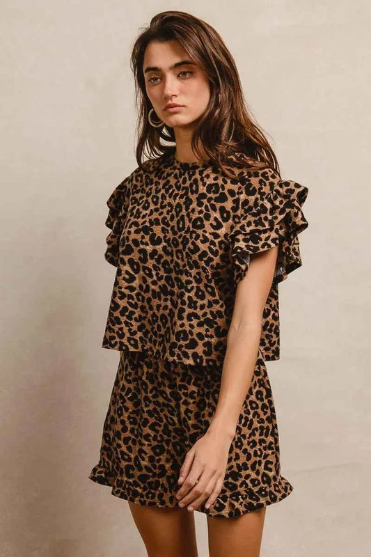 Leopard Print Waffle Texture Layered Ruffle Sleeve Top and Shorts Set a688aac523cf40ea823d62f6b09ba141-Max-Origin
