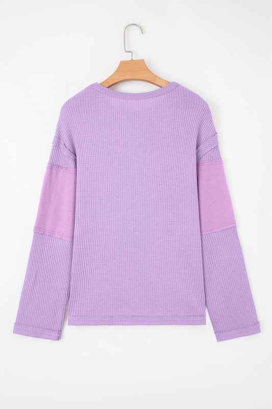 Colorblock Waffle Knit Patchwork Long Sleeve Top a68a9c65-5dec-44a7-ab7d-64d3c25e5ef6