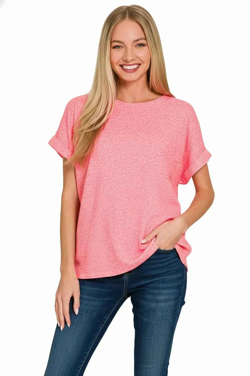 Zenana Soft Melange Hacci Short Sleeve Round Neck Top a68bd552-dee2-4e89-9cbd-110649606fd3-Max-Origin