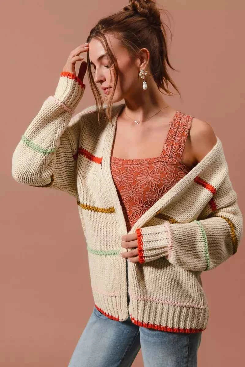 SO ME Loose Fit Multi Stripe Open Front Cardigan a68f4387be824fc295e5aff500c9a9be-Max-Origin