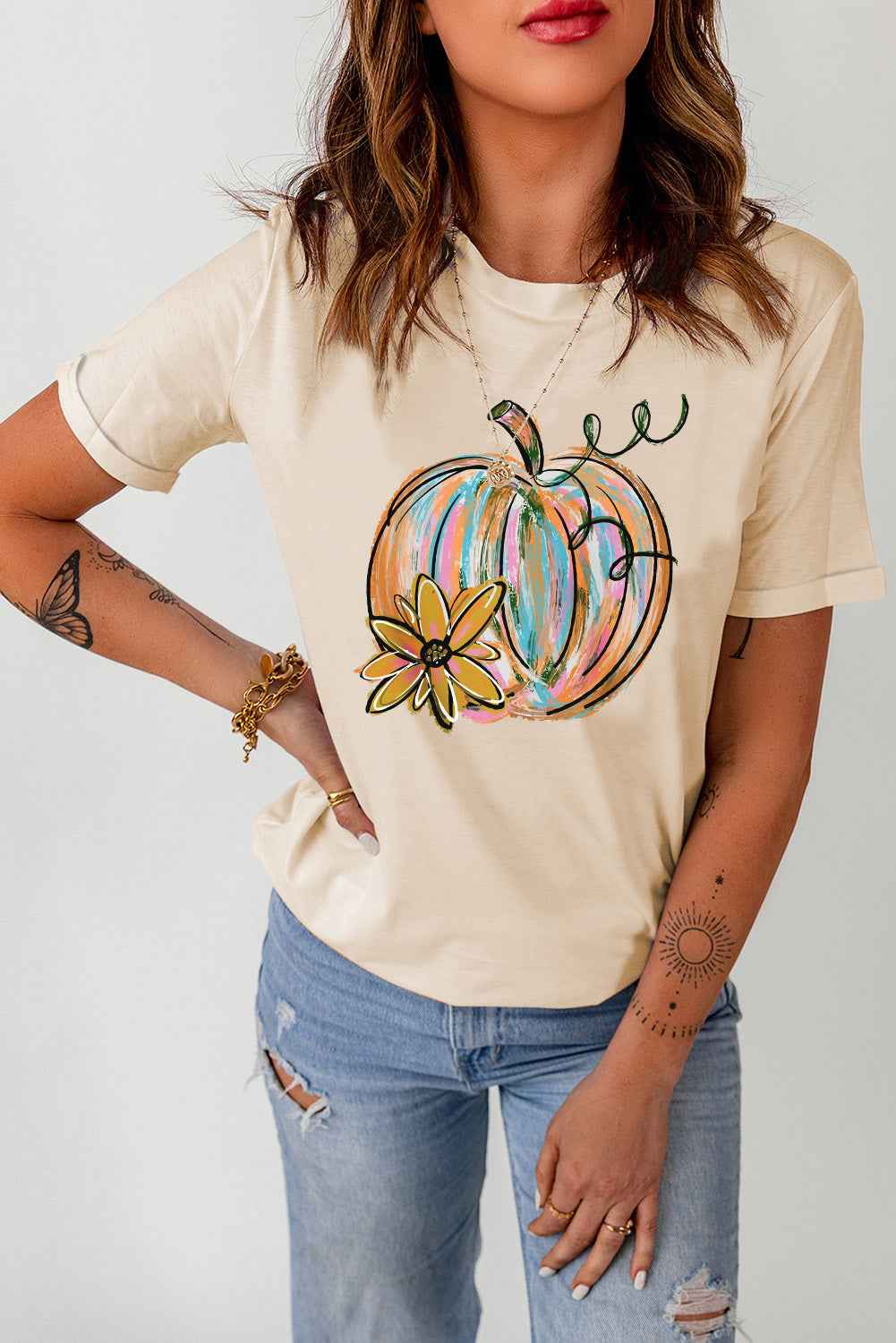 Pumpkin Graphic Round Neck T-Shirt Sand a68f65fb0cb0423ebbdd0b487dab3d16-Max